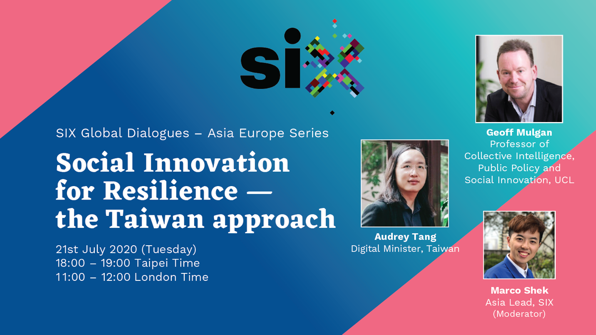 Join us today on our first #SIXDialogue2020 with <a href="/audreyt/">⿻ Audrey Tang 唐鳳</a> and <a href="/geoffmulgan/">Geoff Mulgan</a>. At 11am BST we will be talking about how collective intelligence and trust-building enables Taiwan to be resilient.

DM us for the live stream link.