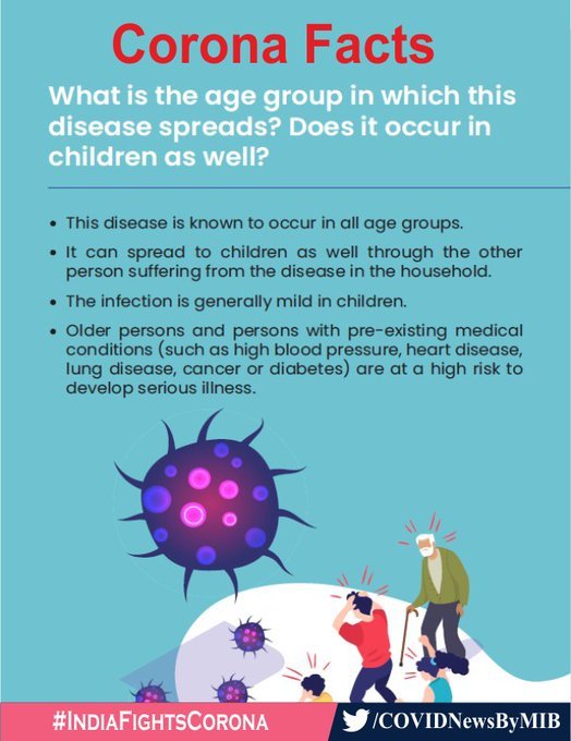 COVIDNewsByMIB's tweet photo. #CoronaFacts:

📍What is the age group in which this disease spreads❓

Does it occur in children as well❓❓❓

Get your answers👇 

@ICMRDELHI 

#StaySafe #IndiaFightsCorona https://t.co/Iv6YqBxTUN