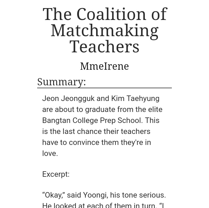 The Coalition of Matchmaking Teachers | 2k https://archiveofourown.org/works/10771185/chapters/23888700