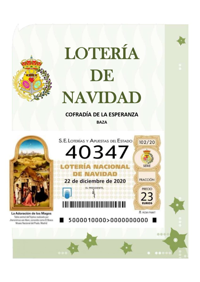 Cofrada_Esperan's tweet photo. Ya a la venta el Nº de Lotería de Navidad que como cada año juega nuestra Hermandad, el 40347. 

Para adquirirlo pasarse por los puntos de venta habituales o miembros de la Cofradía y Junta de Gobierno. 

La Esperanza es lo último que se pierde.... ¿y si este año toca? https://t.co/w9jhqHYvsw