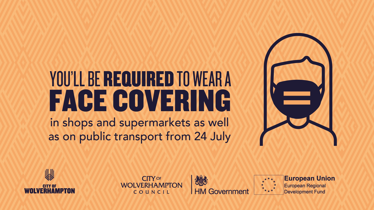 WolvesCouncil's tweet photo. 😷 From Friday (July 24) by law you must wear a face covering in shops and supermarkets, as well as on public transport. 

Free printable posters for businesses to help inform customers can be found in the downloads section at 👉 https://t.co/GqHkt9ZUAg https://t.co/1L9sGA4Yss