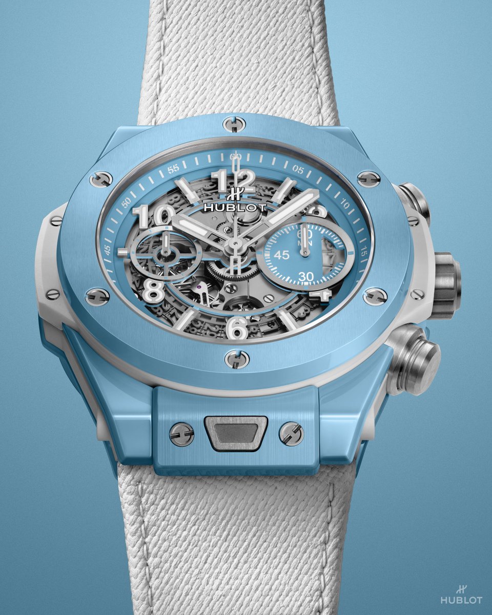 Hublot's tweet photo. In the blue of the sea as in that of the sky, aquatic and ethereal, both relaxed and sophisticated, the new #BigBangUnicoSkyBlue invites you on a journey. From Mykonos to Ibiza via Saint-Tropez, the background is set. #HublotLovesSummer https://t.co/QnJIaCQvXi