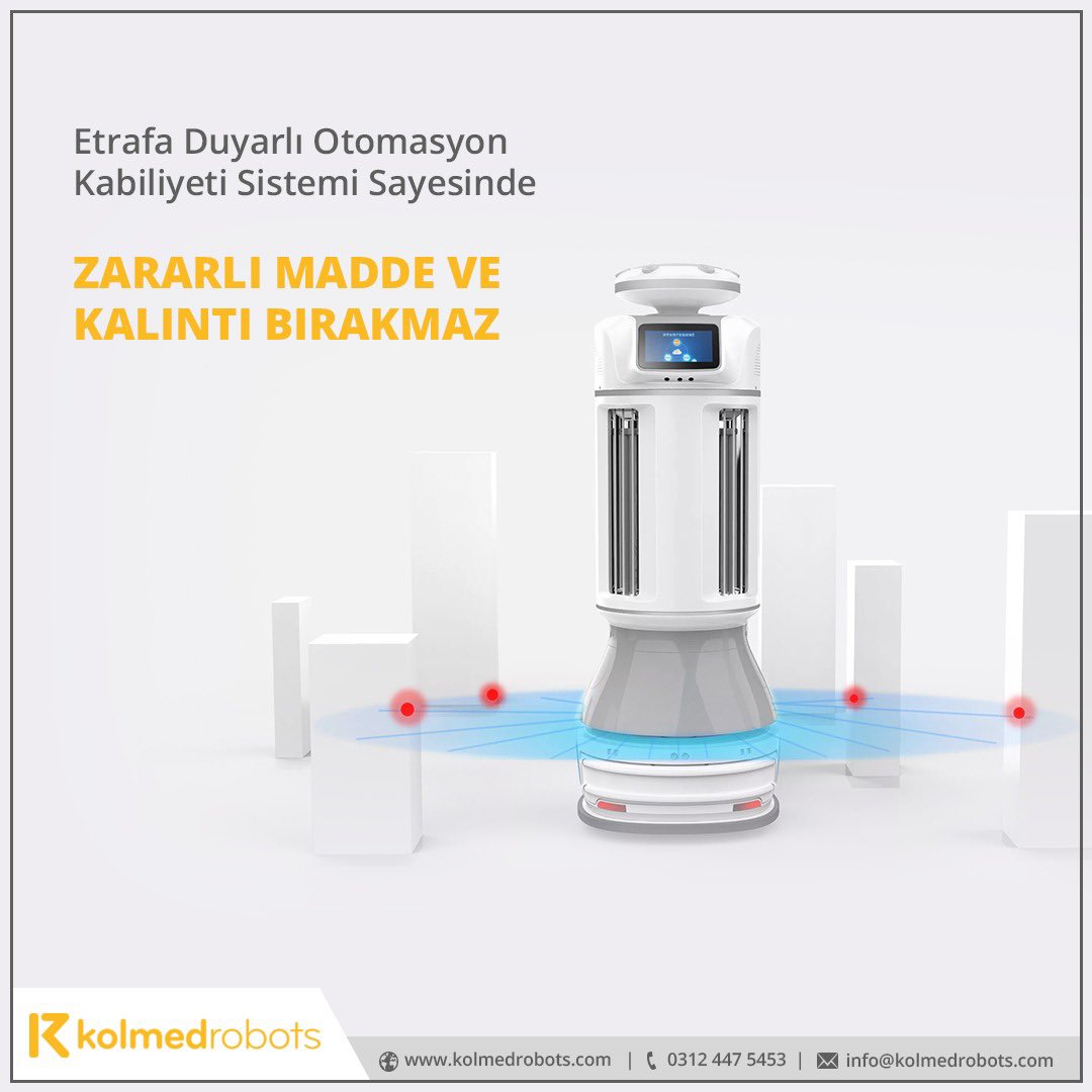 Kolmed5's tweet image. Yüksek Verimli Sterilizasyon: KR80, ultraviyole-c ışık dalgalarıyla ve dezenfektan atomizer ünitesiyle ortamda bulunan virüs ve bakterileri yok eder. 

#covid19 #coronavirus #disinfectionrobot #desenfeksiyon #robot #uvc #bacteria #virus  #hospitals #medical #otel