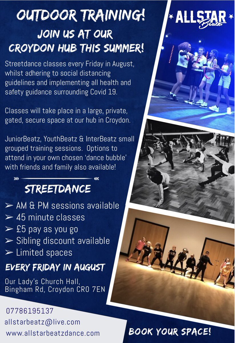 Allstar_Beatz's tweet photo. Outdoor Streetdance sessions this August in #Croydon 🌟 pay as you go, drop in classes adhering to social distancing. Covid 19 measures in place. Contact us for more info! #letsdance #groovesinthegarden #streetdance #summerholidays https://t.co/kbLKtce8mz