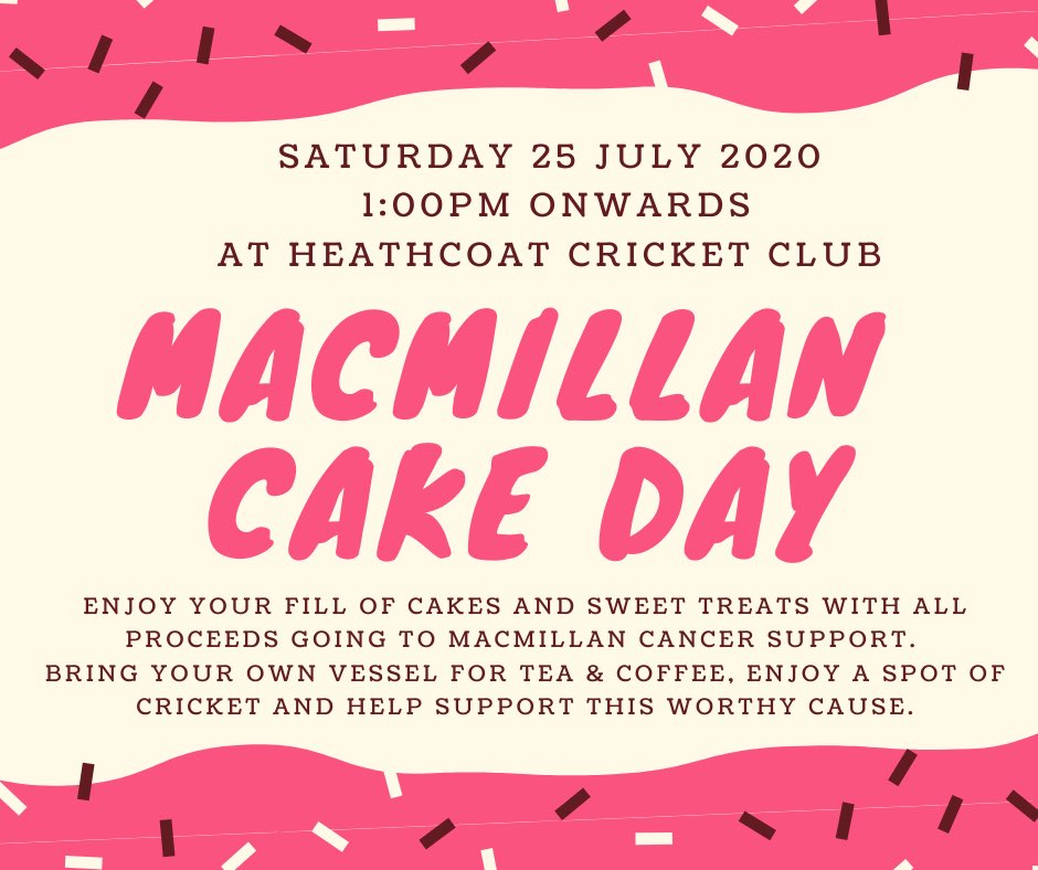 HEATHCOATCC's tweet image. This Saturday (25th) HCC will be fundraising for Macmillan Cancer Support. Come &amp;amp; join us for a bit of cricket - HCC 1XI v N. Devon &amp;amp; help us support this worthy cause.

Please share this post far &amp;amp; wide to help make our fundraising even more successful!
Many thanks in advance.