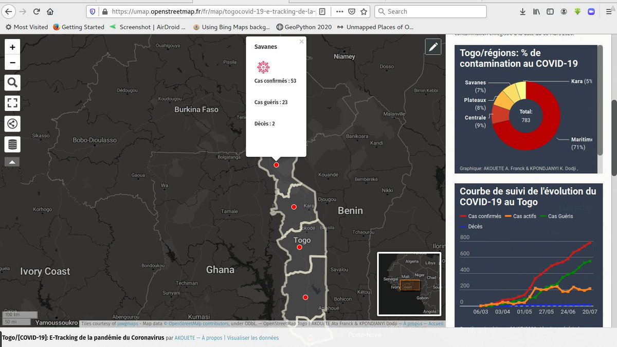 Franck_Akouete's tweet photo. Hola 🙂 , Heureux d'avoir présenté au cours de ce webinaire les initiatives de @OSMTogo en réponse à la #COVID19 
ici👉  https://t.co/rtoAdfCcB5 le lien de notre plateforme de tracking de l'évolution de la #COVID  au #Togo réalisée avec #umap + #QGIS + @Datawrapper + @CartoDB https://t.co/9ERlrKcuSL