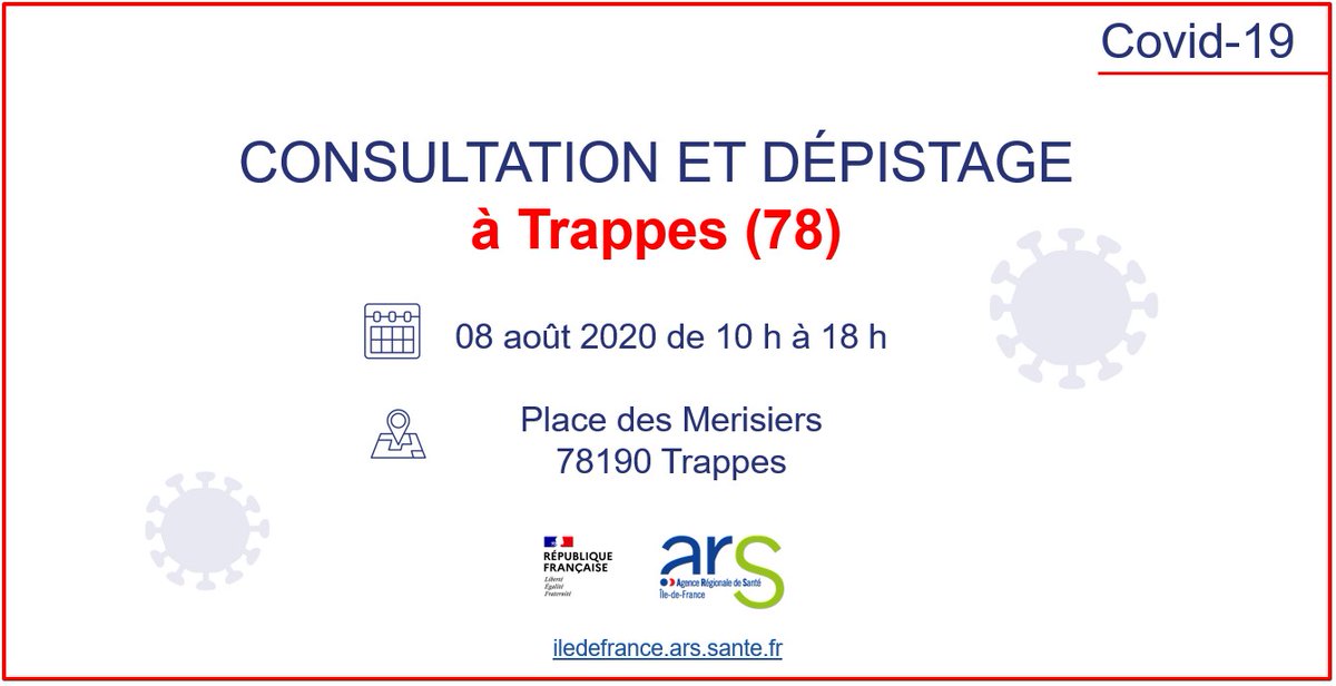 ARS_IDF's tweet photo. Dépistage #Covid19
de 10h à 18h
Le samedi 08 août 2020
Place des merisiers
78 Trappes https://t.co/NC30Yropfq