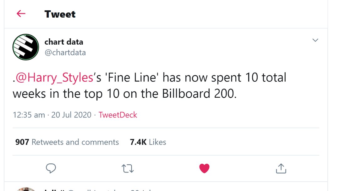 -"Fine Line" is #7 on Billboard 200 chart on its 31st week. it has now spent 10 weeks in the top 10 of this chart, and its entire run (over 7 months) in the top 20.-harry also has TWO singles in the top 20 of Billboard 100 chart this week.-"Harry Styles" re enters Billboard 200