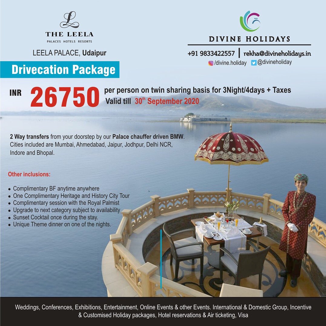 divineholiday's tweet photo. Experience the Royalty of Rajasthan @ The Leela Palace Udaipur with pick &amp; drop from your home to the hotel by a chauffeur driven BMW.....
.
.
.
.
.
.
.
Self Drive packages also available. Kindly DM for any enquire / bookings. https://t.co/ecWAlRgtw6