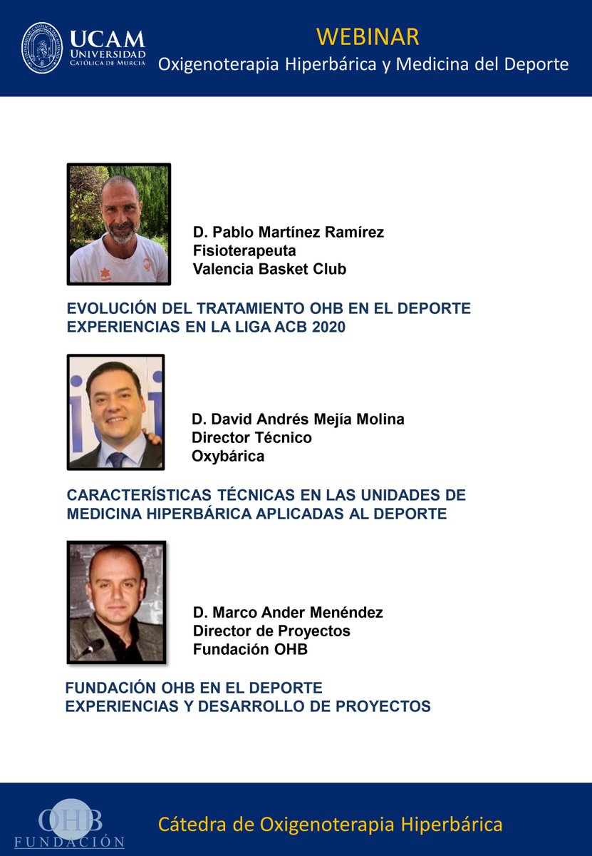 OXIGENOTERAPIA HIBERBÁRICA Y #MEDICINADEPORTIVA | Webinar organizado por la <a href="/UCAM/">UCAM Universidad</a> y Fundación OHB con apoyo de <a href="/primfisio/">PRIM Physio</a> y Oxybárica, para conocer experiencias de uso de la #MedicinaHiperbárica en deportistas de élite

📆Jueves 23 julio
⏱18 a 20 horas
💻 ow.ly/CzOP50ADJKc