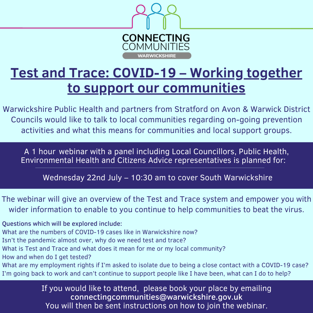 MeonMedical's tweet photo. Warwickshire Public Health and partners are holding a webinar to talk to local communities regarding Covid-19.
If you would like to attend the webinar, book your place by emailing connectingcommunities@warwickshire.gov.uk
You will be sent instructions on how to join the webinar. https://t.co/lWSN4Zsrx7