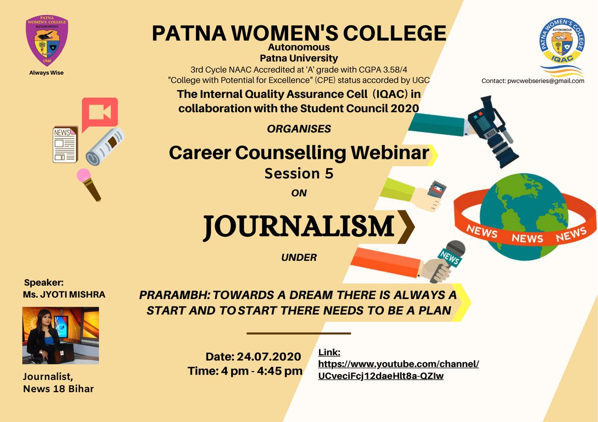 IicPwc's tweet photo. Our fifth poster of the webinar session  PRARAMBH 2020 🌸✨
Session 5 on - JOURNALISM. 
Get ready to level up! 💥
Stay tuned for more. 
#PWC
#PWCPRARAMBH2020
#EMBRACEENRICHEXCEL
#yeswecandoit https://t.co/AwwDPW2z6D
