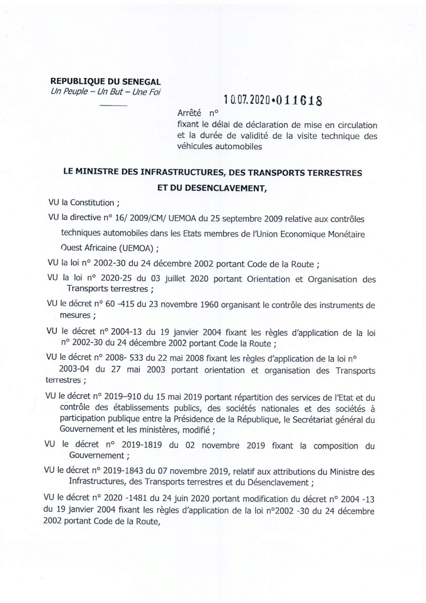 aliamsi's tweet photo. Arrêté du Ministère des Infrastructures, Transports Terrestres et du Désenclavement fixant délai de déclaration de mise en circulation et la durée de validité de la visite technique des véhicules automobiles. 
#Senegal #kebetu https://t.co/cAKjI5ovDW