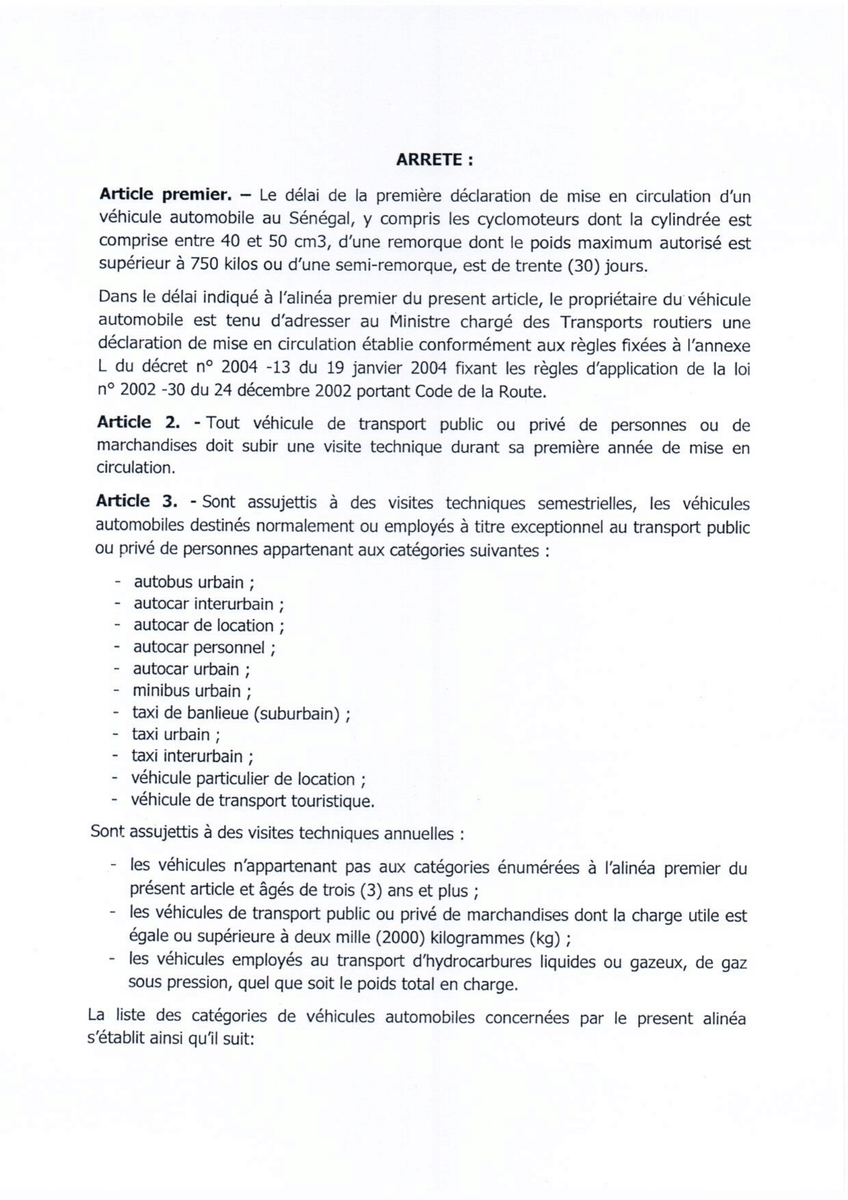 aliamsi's tweet photo. Arrêté du Ministère des Infrastructures, Transports Terrestres et du Désenclavement fixant délai de déclaration de mise en circulation et la durée de validité de la visite technique des véhicules automobiles. 
#Senegal #kebetu https://t.co/cAKjI5ovDW