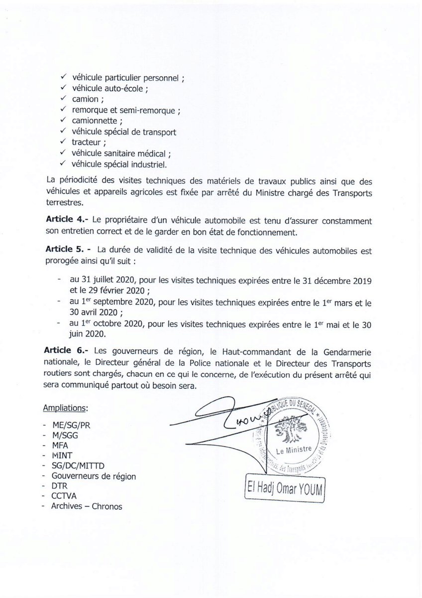 aliamsi's tweet photo. Arrêté du Ministère des Infrastructures, Transports Terrestres et du Désenclavement fixant délai de déclaration de mise en circulation et la durée de validité de la visite technique des véhicules automobiles. 
#Senegal #kebetu https://t.co/cAKjI5ovDW