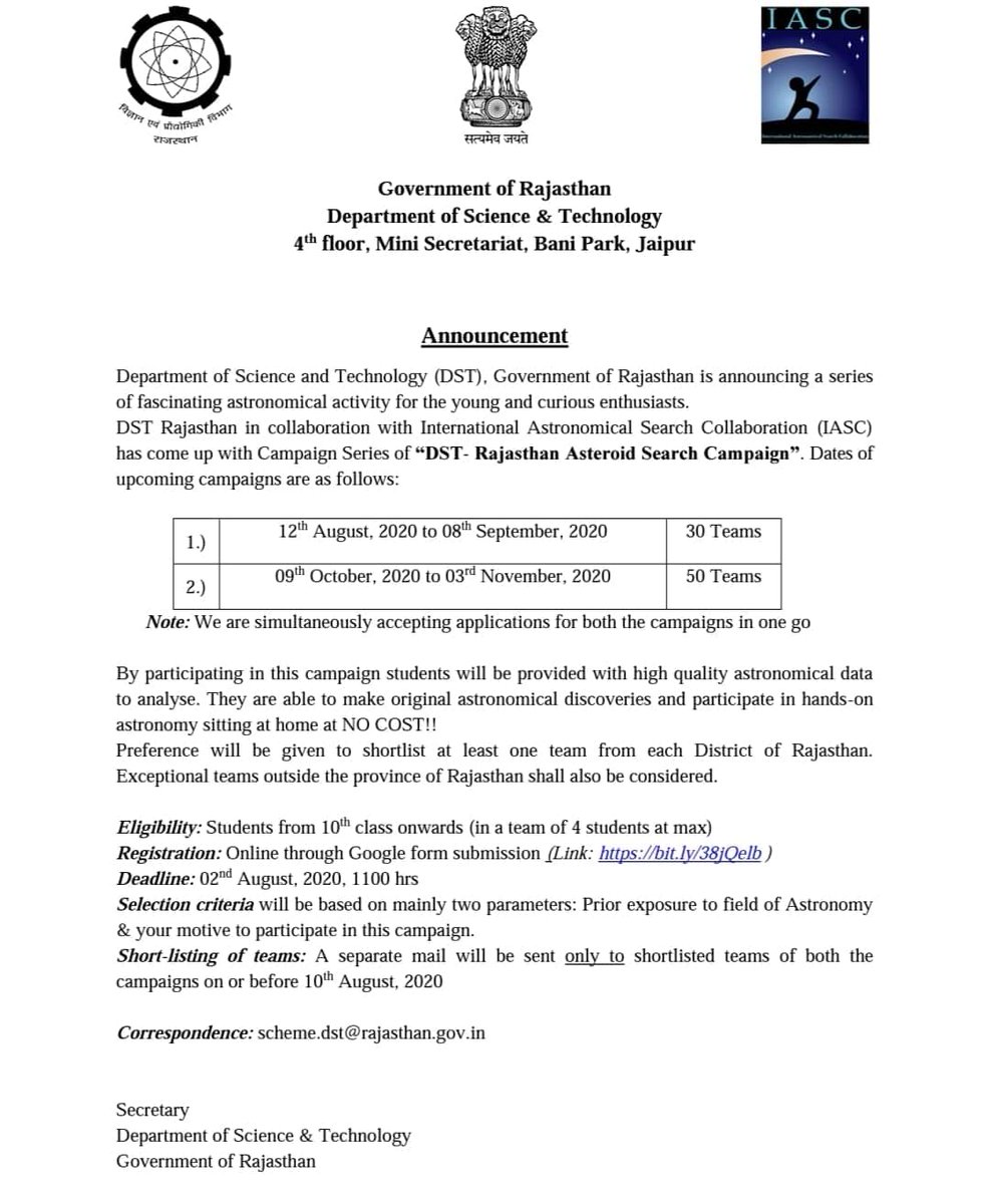 joshiyogesh1998's tweet photo. Call to register for "DST- Rajasthan Asteroid Search Campaign" before 2nd August, 2020 and begin your hunt for Asteroids sitting at your Home !!
Register soon: https://t.co/Hcj7UZb9AJ 

@IndiaDST
@DstRajasthan 
@VigyanPrasar 
@IASC_Search
@IUCAAScipop https://t.co/rjt274kzsh