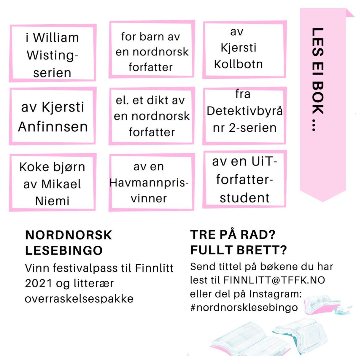 finnlitt's tweet photo. Delta i nordnorsk lesebingo, vinn festivalpass til Finnmark internasjonale litteraturfestival 2021. Vi trekker en vinner på Finnlitt Underveis 31. oktober 2020. #finnlitt #nordnorsklesebingo https://t.co/ZSnslF5T9V