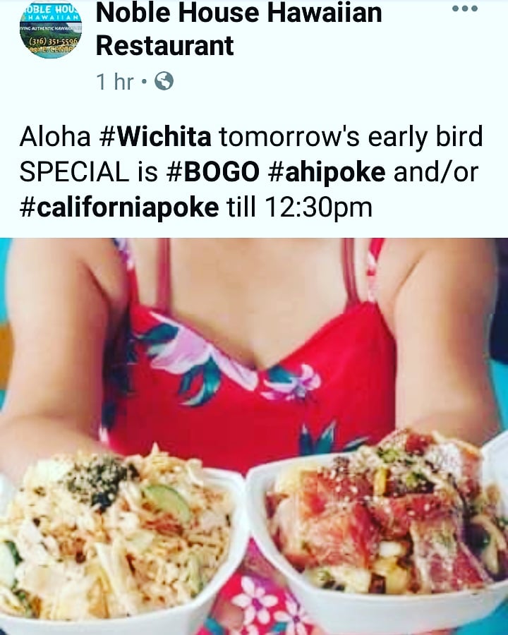 NobleHouseHPL's tweet photo. Aloha Wichita early bird special buy one get one free till 12:30 at da restaurant🤙🏼 https://t.co/tVR1ybYf7r