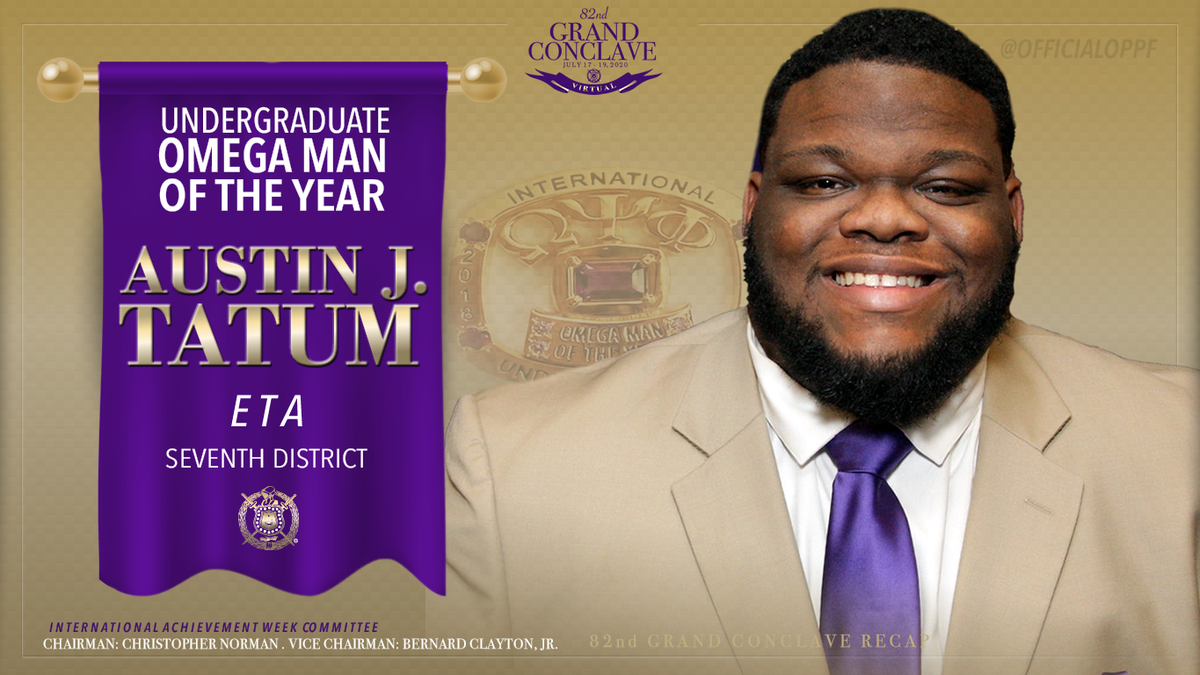 OfficialOPPF's tweet photo. Undergraduate Omega Man of the Year is Bro. Austin J. Tatum from @7thdistrictques Eta Chapter @AlcornStateU. Congrats Bro. Grand Tatum! #OmegaPsiPhi #82GrandConclave https://t.co/VRSflAyMFb