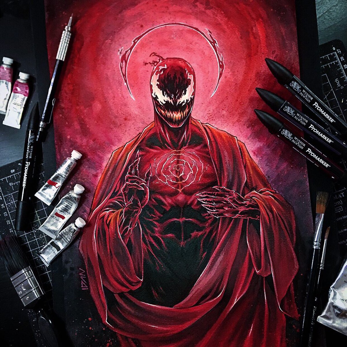 ArtOfIDAN's tweet photo. Saint Carnage 💕 @winsorandnewton watercolors and markers #carnage #venom2 #spiderman https://t.co/JgJlpx93VH