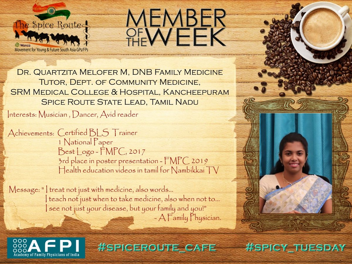 From Bharatnatyam to the rich Carnatic music, from Kanjeevaram sarees to Tanjore paintings , the land , home to the Dravidian culture, and which gave us Tamizh, we present the *Member of the week* *#AFPI* *#proudtobeafamilyphysician* *#spicytuesday* *spicerouteindia.in