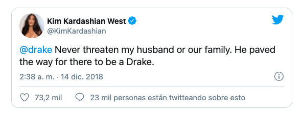 Kanye y Drake eran muy amigos, pero a partir de varias discusiones en el 2018 por los derechos de unas canciones se volvieron enemigos y varias veces se enfrentaron en redes sociales. Kim salió a defender a Kanye y le dijo a Drake que no amenazara ni a su marido ni a su familia.