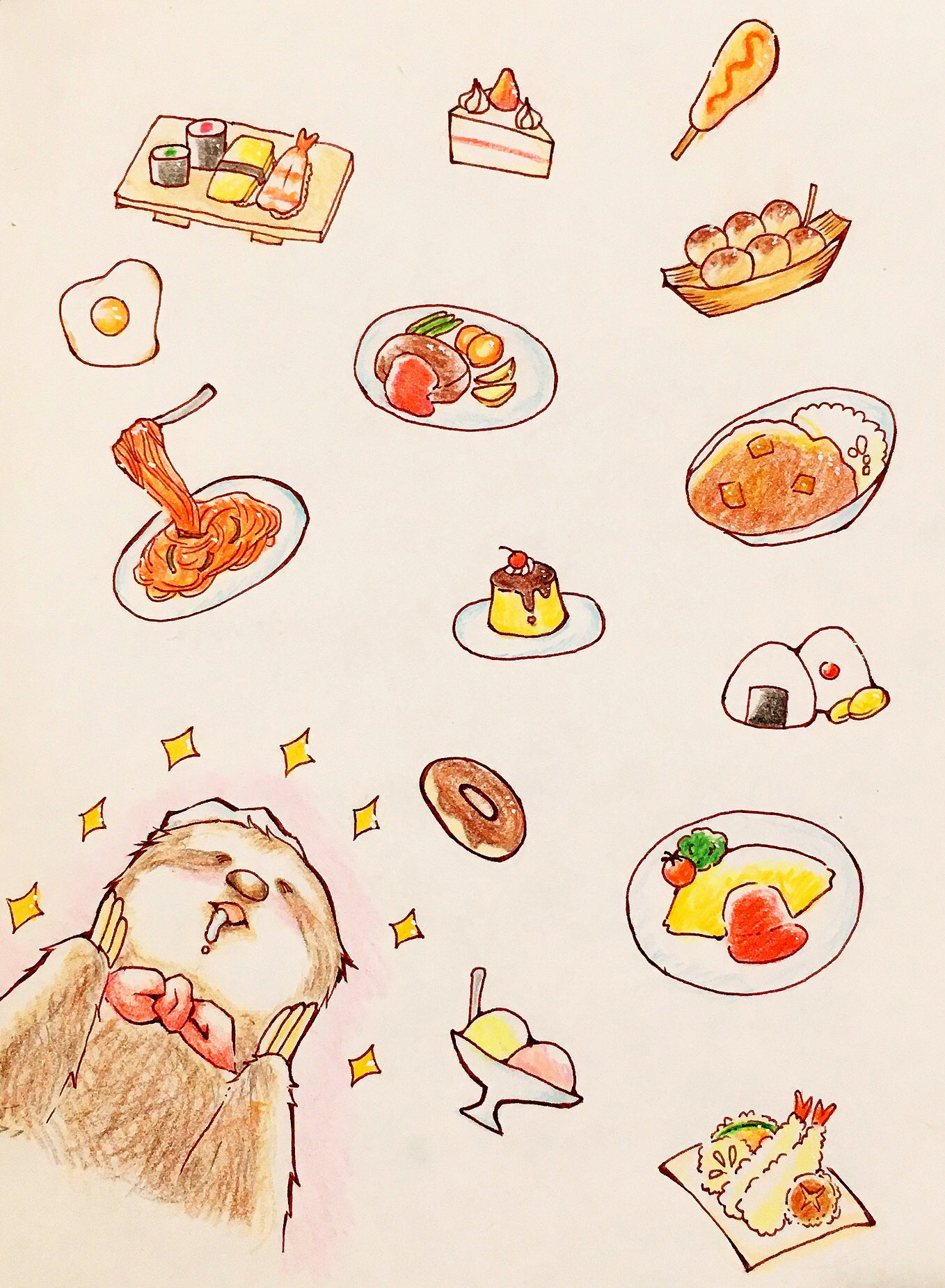 なまけもの本舗 イラスト 懐かしいイラスト掘り起こし 胃袋がデカければ全部平らげたい 作業部屋 粘土部屋 は扇風機だけだと危険になってきまきした あつい フェイクフード ハンドメイド イラスト ゆるい ナマケモノ