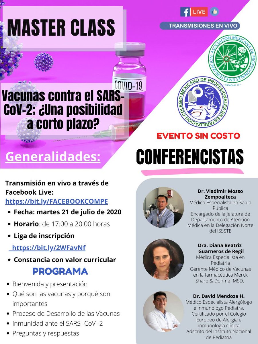 ampe_compe's tweet photo. 💥 MASTER CLASS💥👩‍🔬👨‍🔬💉💉💉🧬🧬🦠🦠
Tema: "#Vacunas contra el #SARS-CoV-2; ¿Una posibilidad a corto plazo?  
#MARTES 21 de julio
De 17:00 a 20:00 horas CDMX
Liga de inscripción👇👇👇👇👇👇👇👇 https://t.co/s7e7DubNeF
