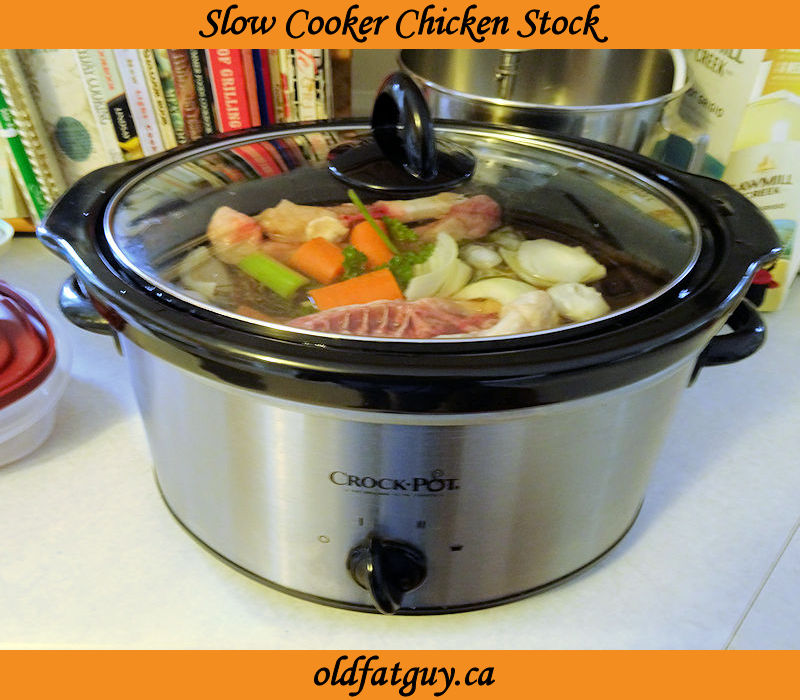 I use trimmings from my spatchcocked chicken or chicken pieces on sale to make Slow Cooker Chicken Stock. You can too if you check out my post at oldfatguy.ca/?p=8080 #chickensoup #chickenstock #chickenbroth