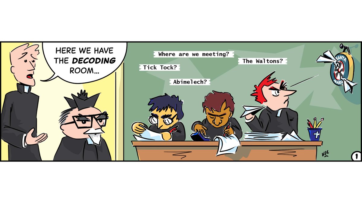 VJCavanagh's tweet photo. Decoding Bishop Stumbers (Part 1 of 4)
...deep in the bowels of the Cathedral curia lies the Meme–Decoding Unit...
#illustration #illustratorsaus #BishopStumbers #BishopProblems #comic #comicstrip #Dean #Novitiate #Curia #underground #decoding #goofingoff #humour #digitalart (1/2 https://t.co/mCDCIZWTN5