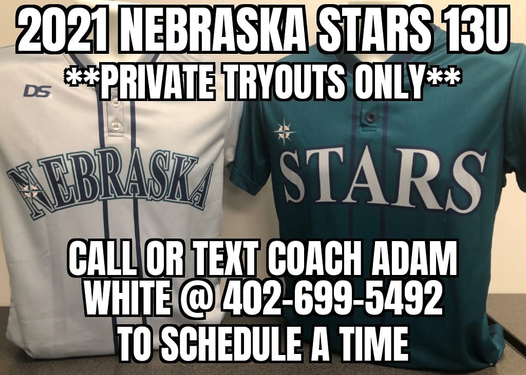 It's that time of year to get the tryout notice out! 2021 Nebraska Stars 13U AAA baseball! Private Tryouts only available! Call or text Adam White at 402-699-5492 to set up a time!