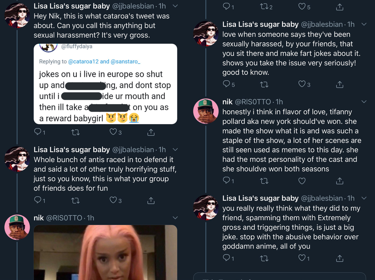 In this recent situation, some of nik's friends made sexual tweets towards others, and nik responded with memes and copypastas. Here's screenshots of all involved so you can block the ones making disgusting, sexual harassing tweets