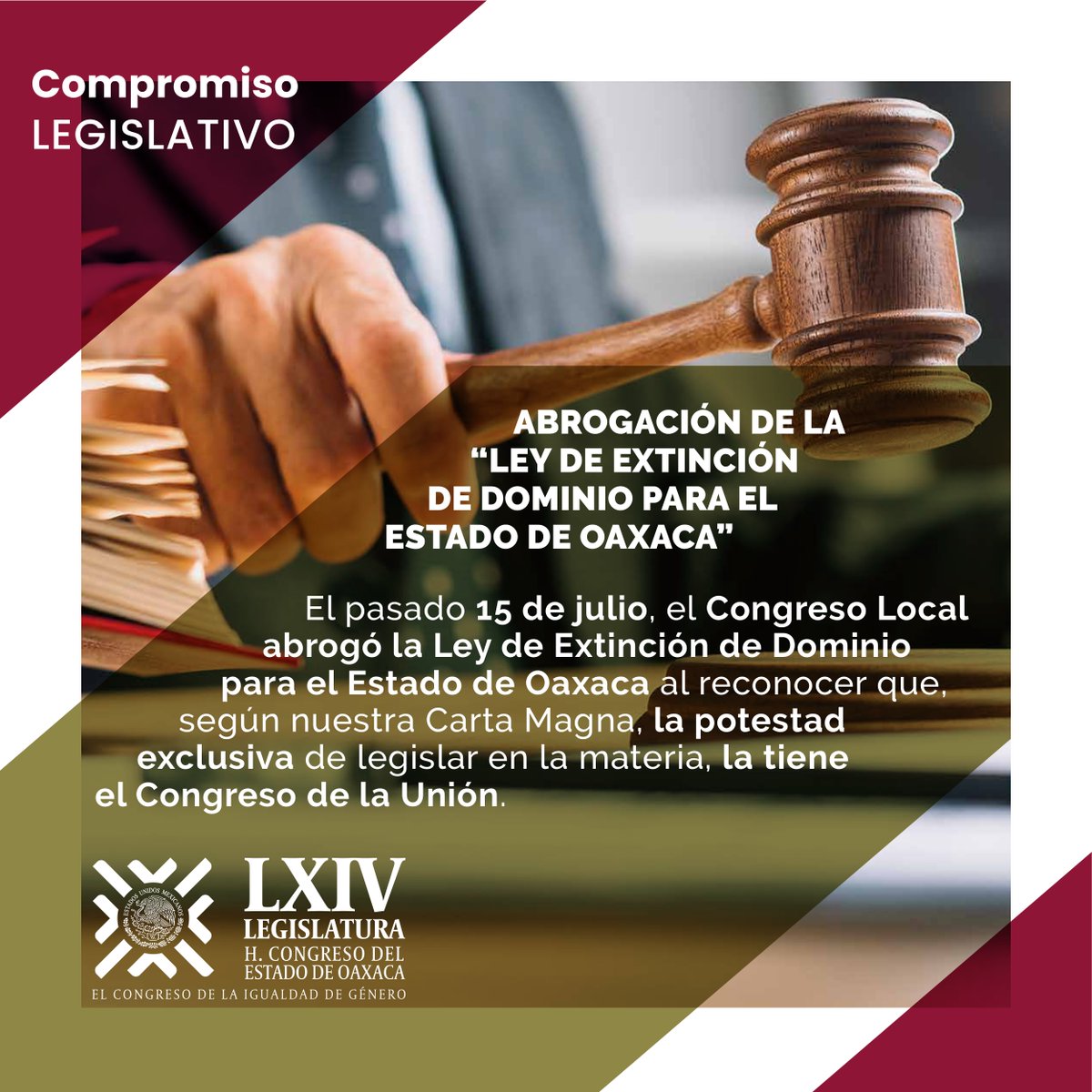 CongresoOaxaca_'s tweet photo. 📑 El Congreso Local abrogó la Ley de Extinción de Dominio para el Estado de Oaxaca.

#CompromisoLegislativo #Oaxaca https://t.co/DXkAT278ui