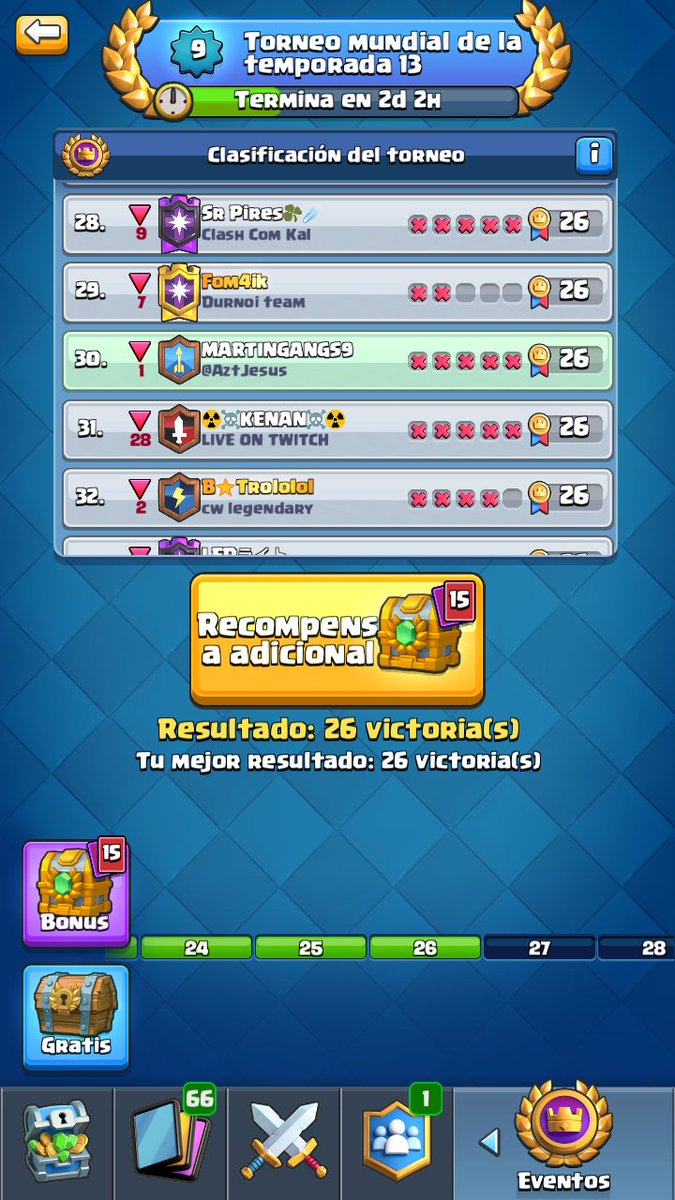 Hice lo que pude,mucho cohunter a mi mazo pero ahí ando ya se viene top Lader en un rato paso link