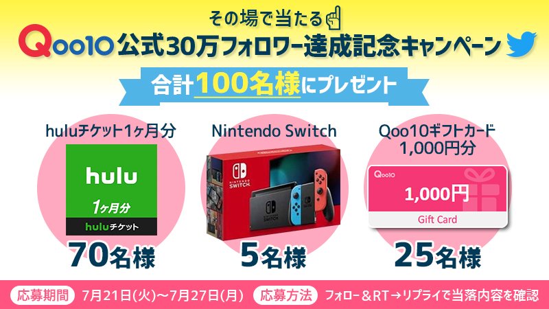 Qoo10_Shopping's tweet image. 毎日応募しよう🎉㊗#Qoo10_30万フォロワー達成記念✨
＼＼2日目／／豪華賞品が期間中100名様に当たる📣
-Nintendo Switch5名様🎁
-Qoo10ギフトカードカード1,000円分25名様🎁
-Huluチケット1ヵ月分70名様🎁
■応募方法
①アカウントをフォロー
②投稿をRT
③このアカウントから届くリプライをチェック