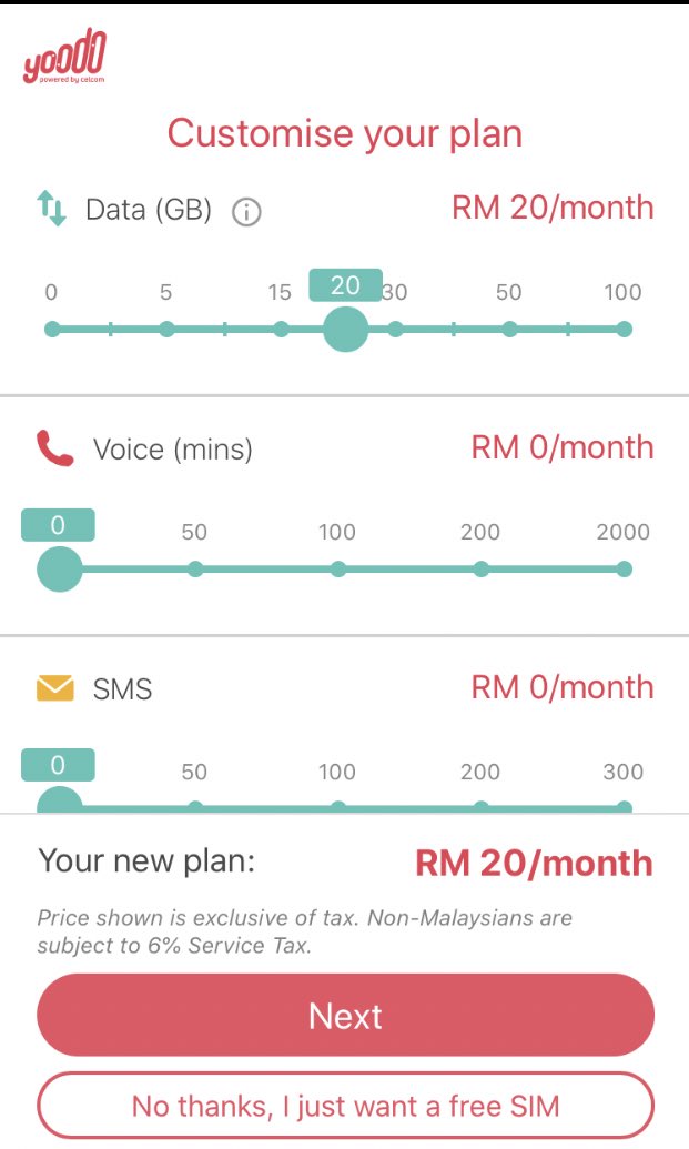 1. Korang boleh kekalkan nombor lama korang tau! Order dekat link ni ya: https://app.yoodo.com.my/assets/index.html#friendInvitation?code=olavs1871 2. lepas korang tekan link tu. Then order sim > customize your own plan. I suggest pilih 20GB macam ni3. Make sure tekan next ya. Bukan yg bawah dia! Don't worry FREE je apply 
