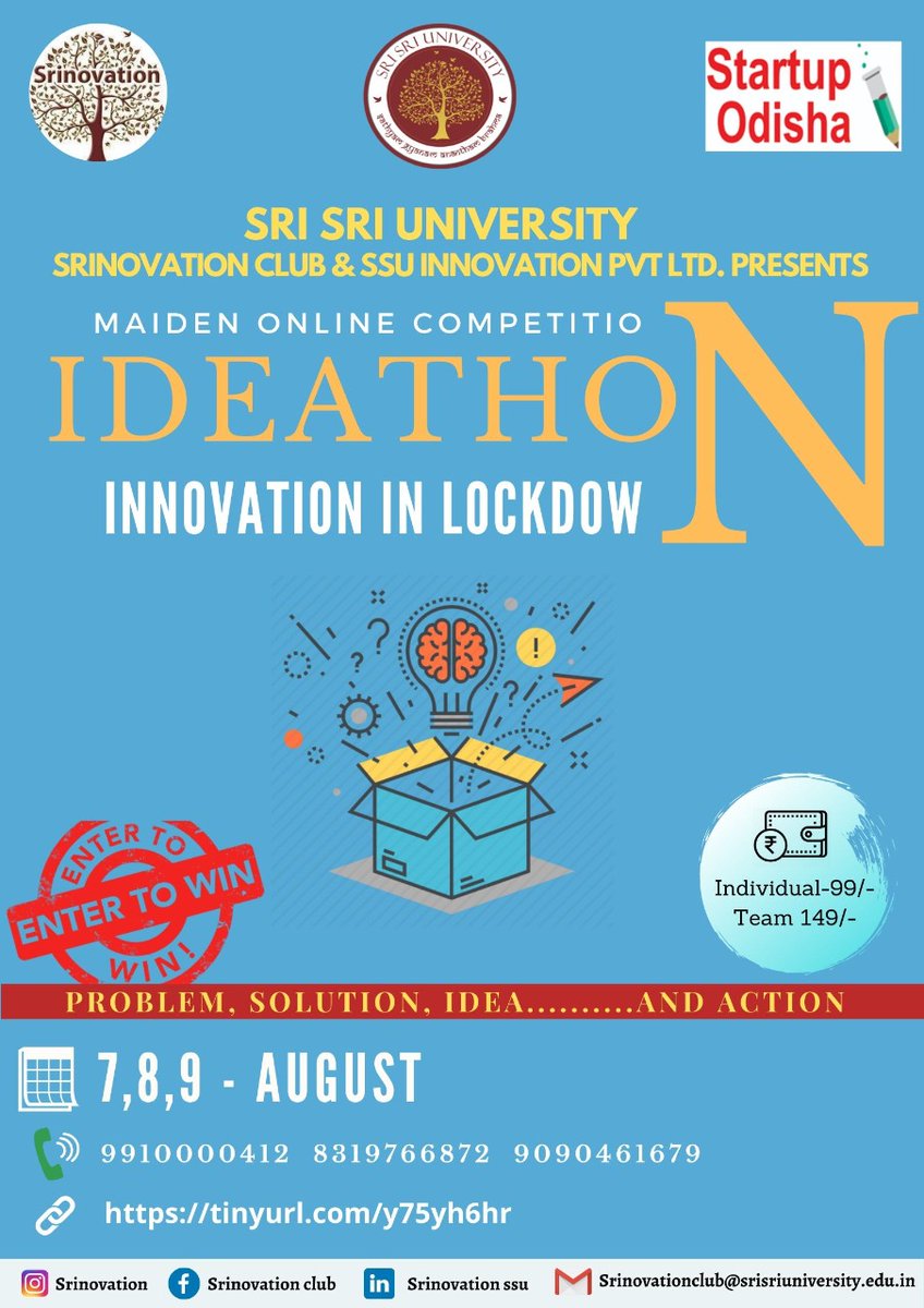 SriSriU's tweet photo. Ideas are powerful tools for shaping the world &amp; people living in it. Amid #pandemic we bring Ideathon, a maiden online competition where students can share their ideas. May the best Idea win!

Date: Aug 7-9, 2020

Register Here: https://t.co/5BjU8MwU0T

#CreativityInLockdown https://t.co/M6ZlYtLbIv