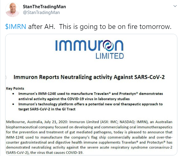 2. Pumpers have got hold of this stock and blasting the news article all over the place about how their pill can help with the respiratory issues when you get covid. Reminder that every day another pharma company is "ON THE VERGE" of a cure.Same play different company.