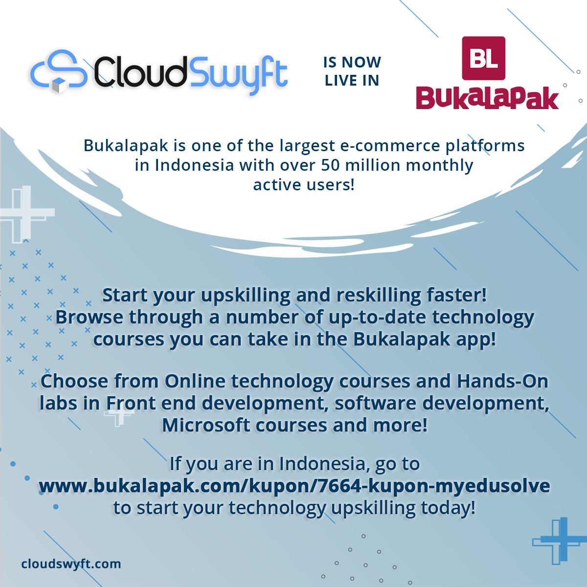 cloudswyft's tweet photo. 🇮🇩  CloudSwyft is now in Bukalapak!

CloudSwyft is now Live on Bukalapak, one of Indonesia's largest e-commerce platforms with more than 50Million active users monthly!

Another CloudSwyft milestone!

#CloudSwyft #FutureReadySkills #HandsOnLabs #Edtech #Bukalapak #EdTech #ASEAN https://t.co/aNXMRzUqqL