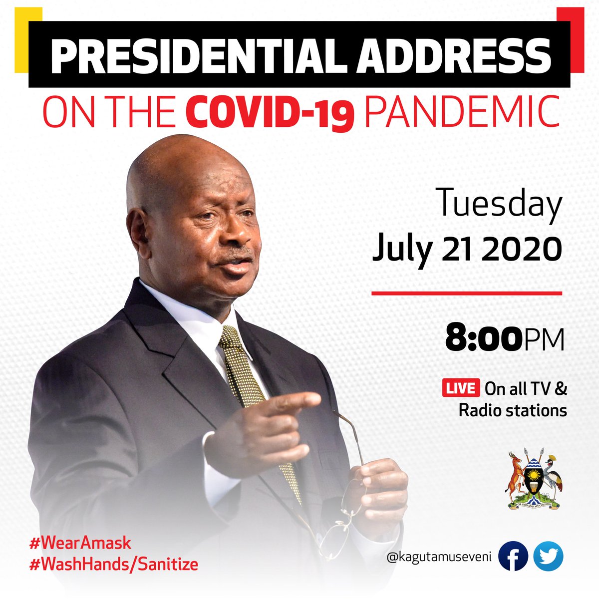 KagutaMuseveni's tweet photo. I will address the nation on the  #COVID19 pandemic situation in the country and related issues. Time is 8pm, live on all TV and radio stations. https://t.co/XGK7zJ5yqG