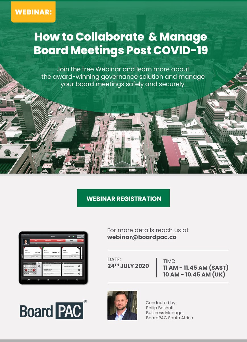BoardPac_'s tweet photo. Join the webinar and learn HOW TO COLLABORATE AND MANAGE BOARD MEETINGS POST COVID-19
Register now: https://t.co/3TB1iwgJau
11.00 AM - 11.45 AM (SAST)
10:00 pm - 10.45 AM (UK)
#webinar #southafrica #Africa #uk #BoardConnecting #COVID19 #virtualboard #RemoteMeetings https://t.co/JjCpp44wQs