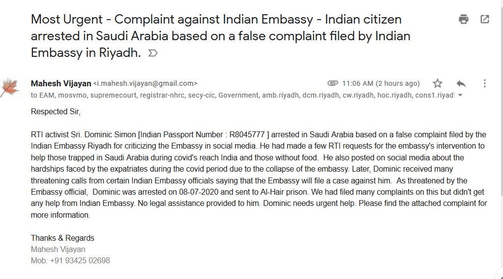 sanooj1's tweet photo. Indian citizen @dominic_iips  arrested in Saudi Arabia based on a false complaint filed by @IndianEmbRiyadh. I request @MEAIndia @MOS_MEA @DrSJaishankar @TOIIndiaNews @look @PMOIndia @narendramodi  into the matter and take necessary steps to  #ReleaseDominicSimion. @PMOIndia https://t.co/ApcEZrAhMN