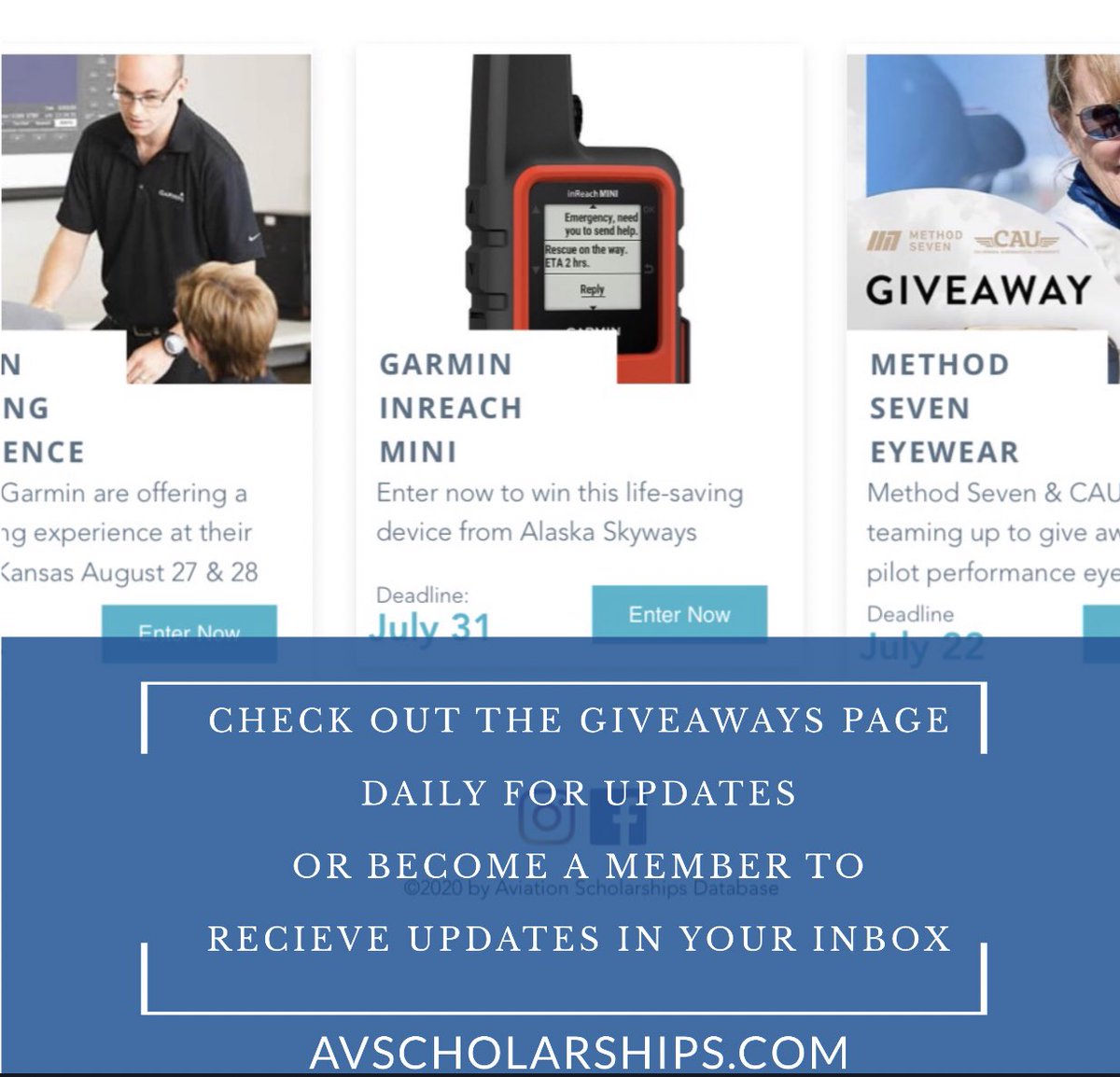 In addition to providing a database of scholarships that are easy to filter, we also find giveaways that are hooking you up with great gear! Check out the page now or sign up to become a member to have updates delivered to you daily. avscholarships.com