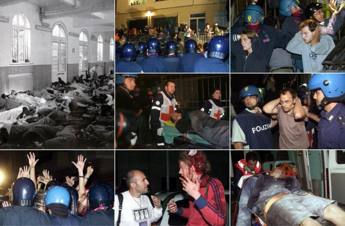 unoscribacchino's tweet photo. “Non si tratta solo di qualche fascista esaltato. È un comportamento di massa della polizia. Nessuno ha detto no. Questa è la cultura del fascismo”.

Diciannove anni fa, la sera del #21luglio, la polizia faceva irruzione nella scuola #Diaz.

#Genova2001

https://t.co/6ZOjg8JX4P https://t.co/6wnNoAPlTQ