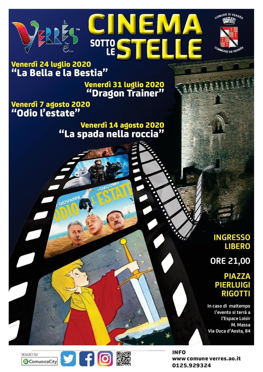 Avranno inizio venerdì 24 luglio gli appuntamenti estivi con il cinema all'aperto. Sono previsti 4 appuntamenti dedicati soprattutto ai più piccoli e alle loro famiglie. #verresè #cinemasottolestelle