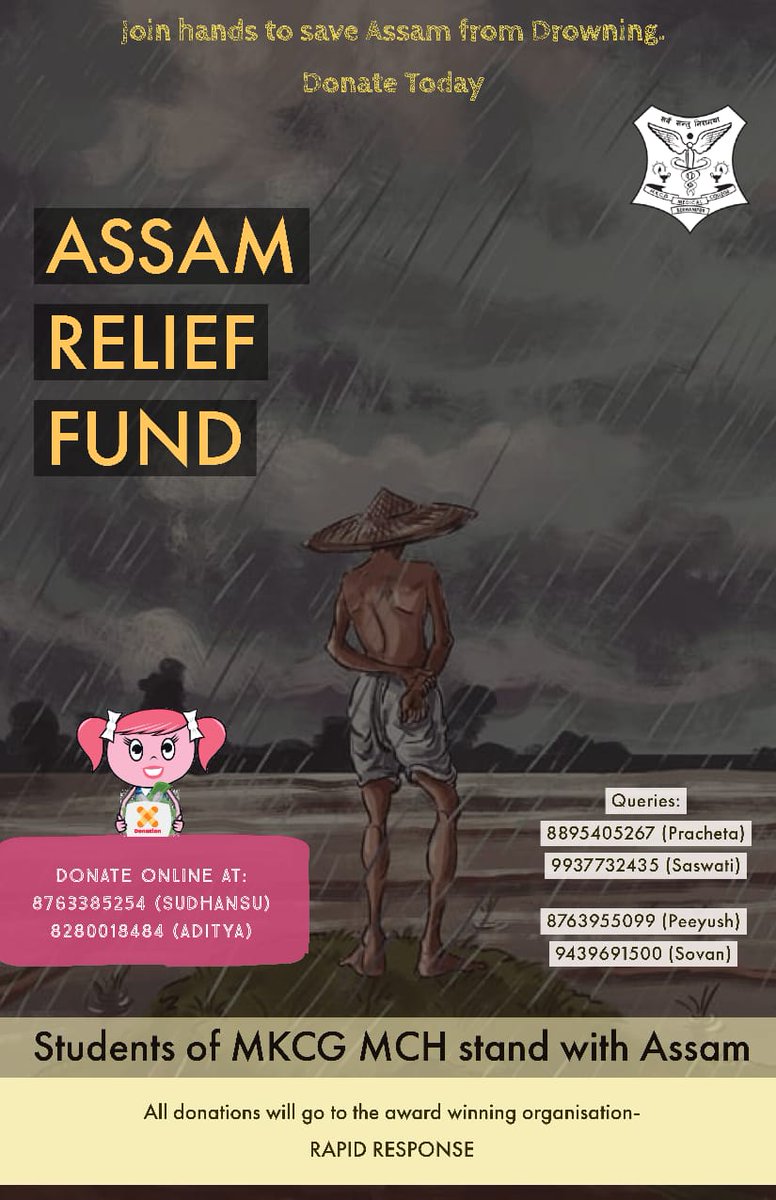 OmkarMohanty98's tweet photo. Assam flood has affected over 70lacks people( Source : @TOIIndiaNews ). Their pain &amp; agony is unbearable. As a duty towards our fellow Indians let us contribute to help the people in Assam. MKCG MCH is launching a charity for the same cause. (1/2) https://t.co/WsxtKjIES8