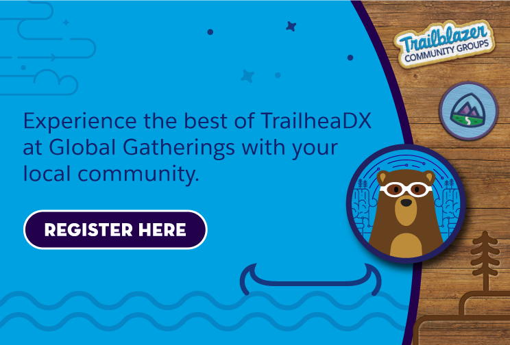 Your #TrailblazerCommunity Group Leaders are excited to bring y’all together to talk about highlights from TrailheaDX! Join one of 150+ Global Gatherings to see cool demos, network, and give back with local Trailblazers. trailheadx.com/community #TrailblazingTogether