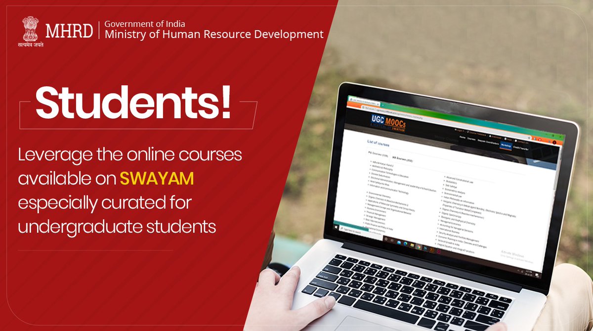 EduMinOfIndia's tweet image. Calling all Undergraduate Students!

@SWAYAMMHRD&apos;s UGC MOOCs offers 200+ courses covering a diverse range of subjects especially made to cater to your learning needs.

Take a look at the list of the courses available &amp;amp; get going: bit.ly/OnlineCourses
#onlinelearning