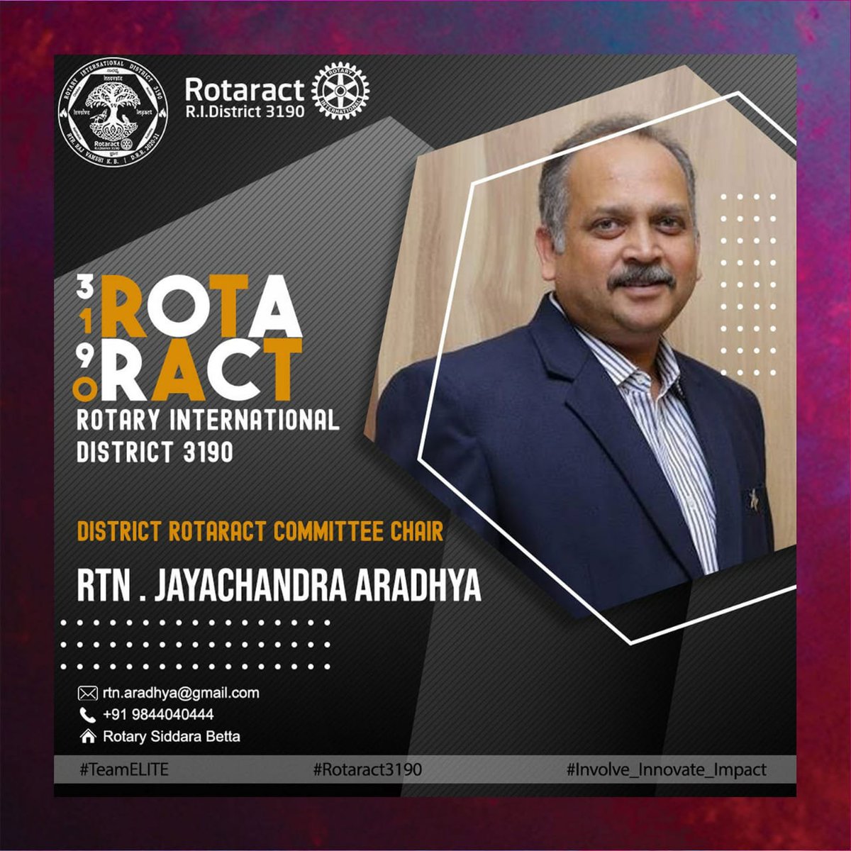 Rotaract3190's tweet photo. We are happy to present to you, Rtn. Jayachandra Aradhya M S, District Rotaract Committee Chair for the Rota year 2020-21.
#TeamELITE #Involve_Innovate_Impact https://t.co/ozGXAv6R1h