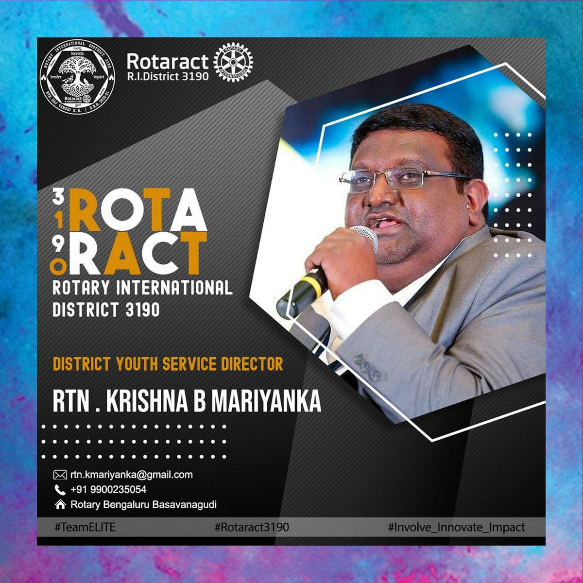 Rotaract3190's tweet photo. We are happy to present to you, Rtn Krishna B Mariyanka as the Youth Service Director for the Rota year 2020-21.
#TeamELITE #Involve_Innovate_Impact https://t.co/HeajOv3Ddp
